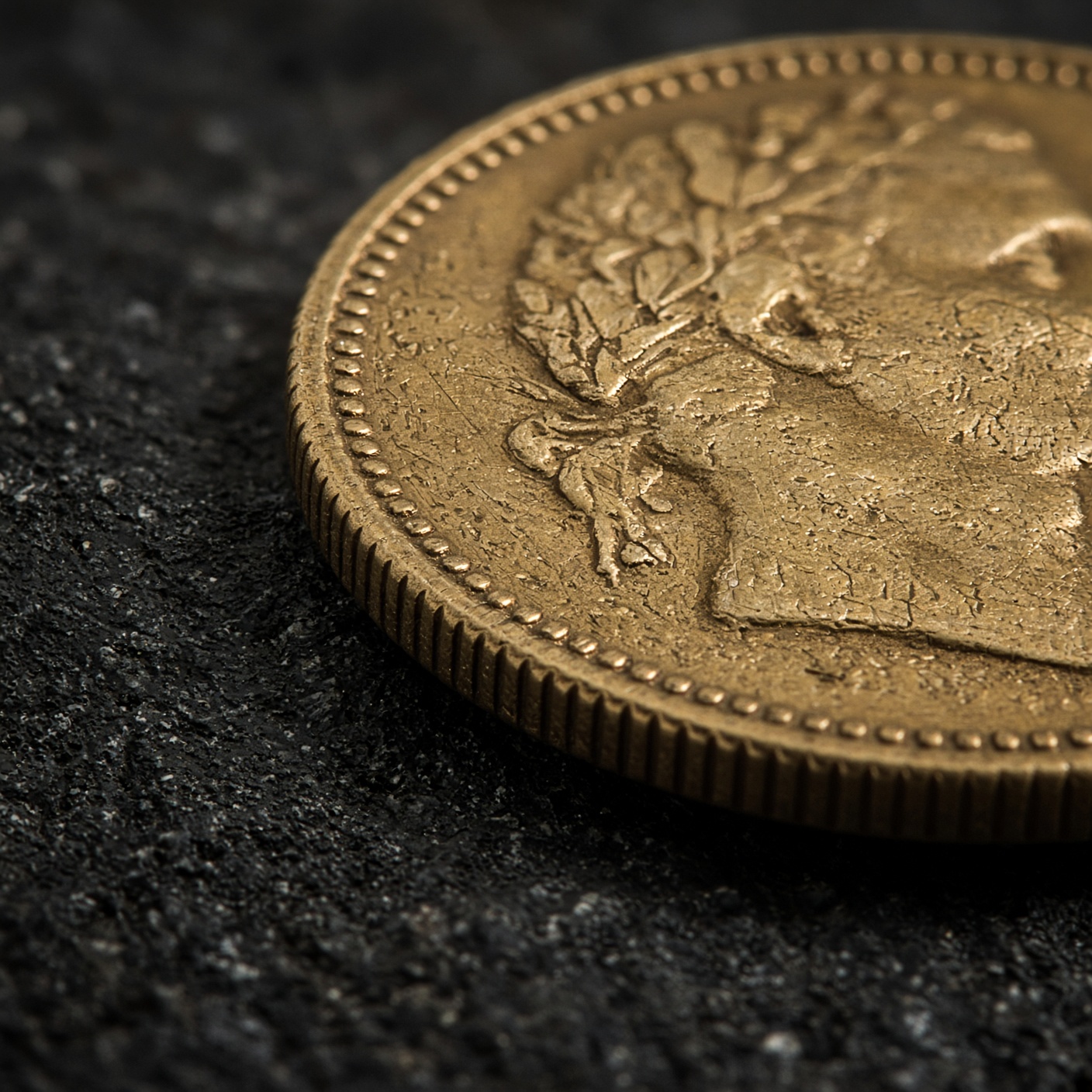Close-up of an antique gold coin