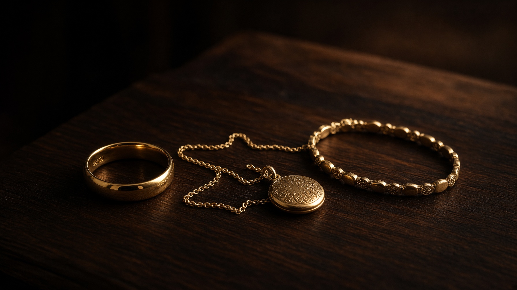 Gold rings, chain and bracelet on dark wood